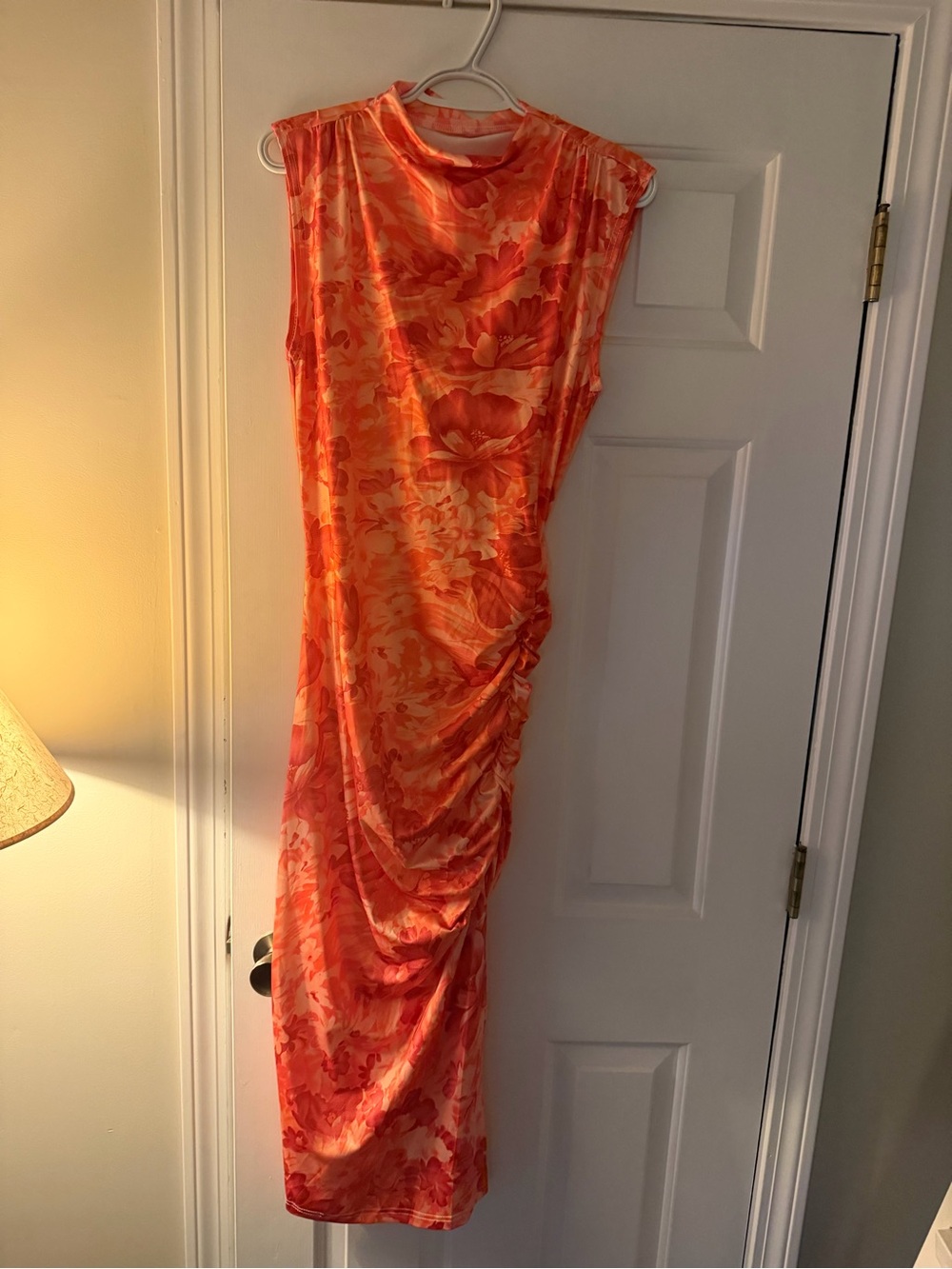Sleeveless Orange Floral Ruched Midi Dress